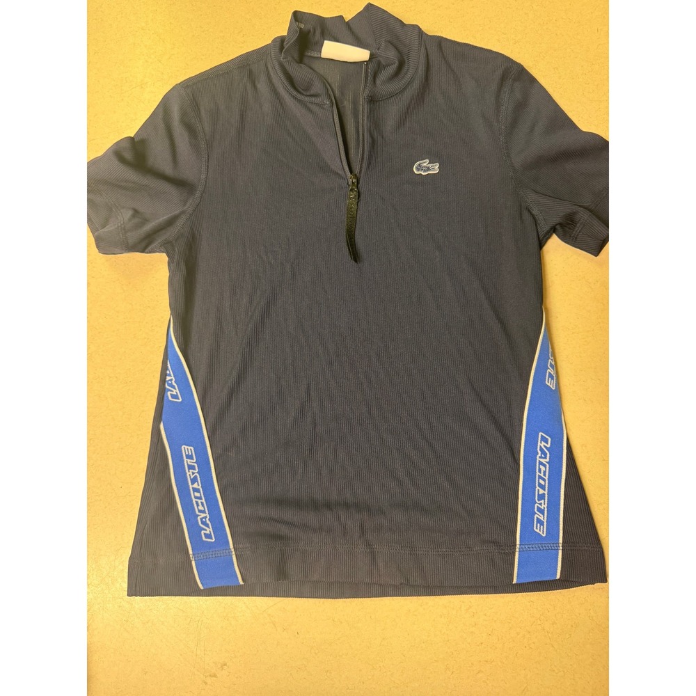 Lacoste Sport Navy Blue Ribbed Quarter Zip Polo Shirt Slim Fit Size 40 Logo Tape